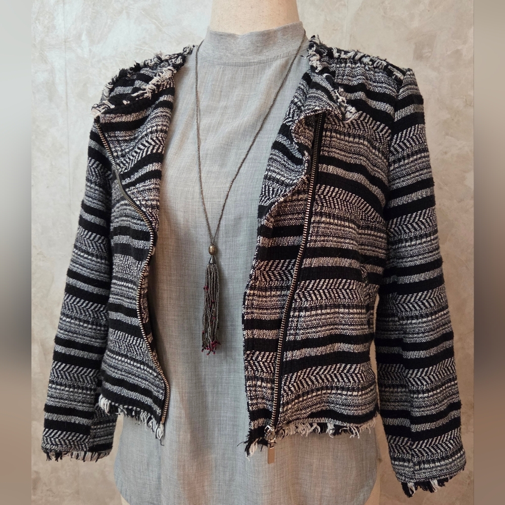 H&M Black White Tweed Moto Jacket Frayed Trim Cropped Jacket 12